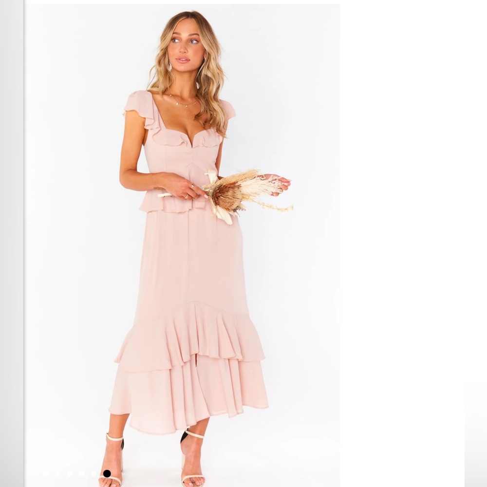 Show Me Your Mumu Reese Ruffle Dress in Champagne Luxe Satin, size M